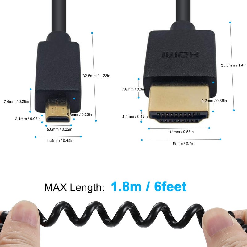 Duttek Extreme Thin Coiled Micro HDMI to HDMI Cable 6FT/1.8M, HDMI to Micro HDMI 2.0 Cable Compatible 4K@60Hz, 1080P, 4K, 3D, and Audio Return Channel - Image 3